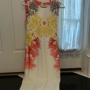 Calvin Klein Floral Midi Dress - Cream, Yellow, Orange, Gray
